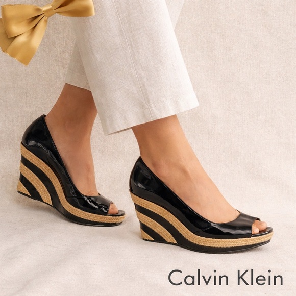 Calvin Klein Shoes - Calvin Klein Navy Patent Leather Heeled Wedge Espadrille Size 8.5